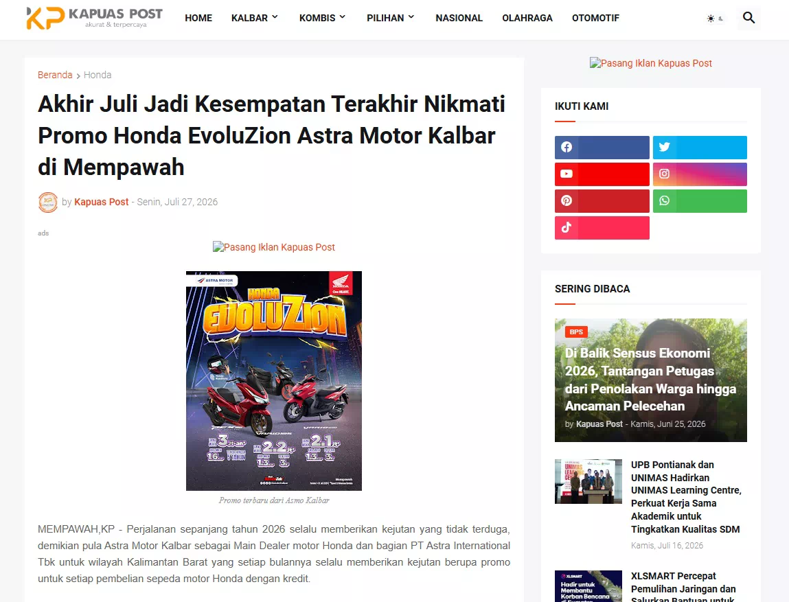 Akhir Juli Jadi Kesempatan Terakhir Nikmati Promo Honda EvoluZion Astra Motor Kalbar di Mempawah