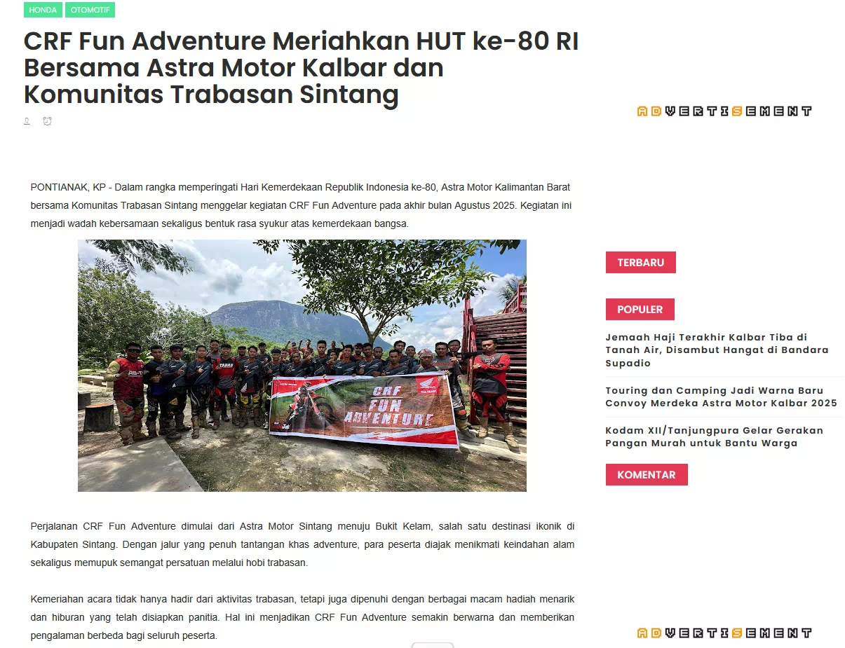 CRF Fun Adventure Meriahkan HUT ke-80 RI Bersama Astra Motor Kalbar dan Komunitas Trabasan Sintang