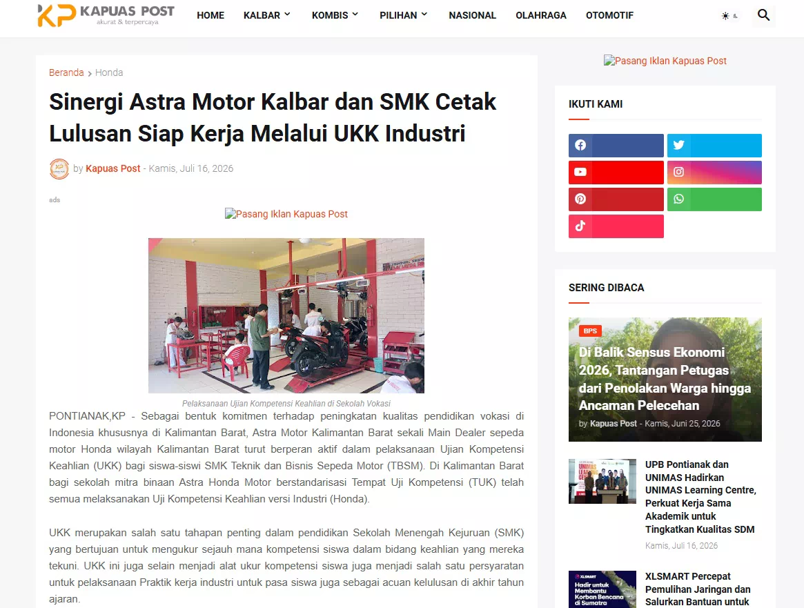 Sinergi Astra Motor Kalbar dan SMK Cetak Lulusan Siap Kerja Melalui UKK Industri