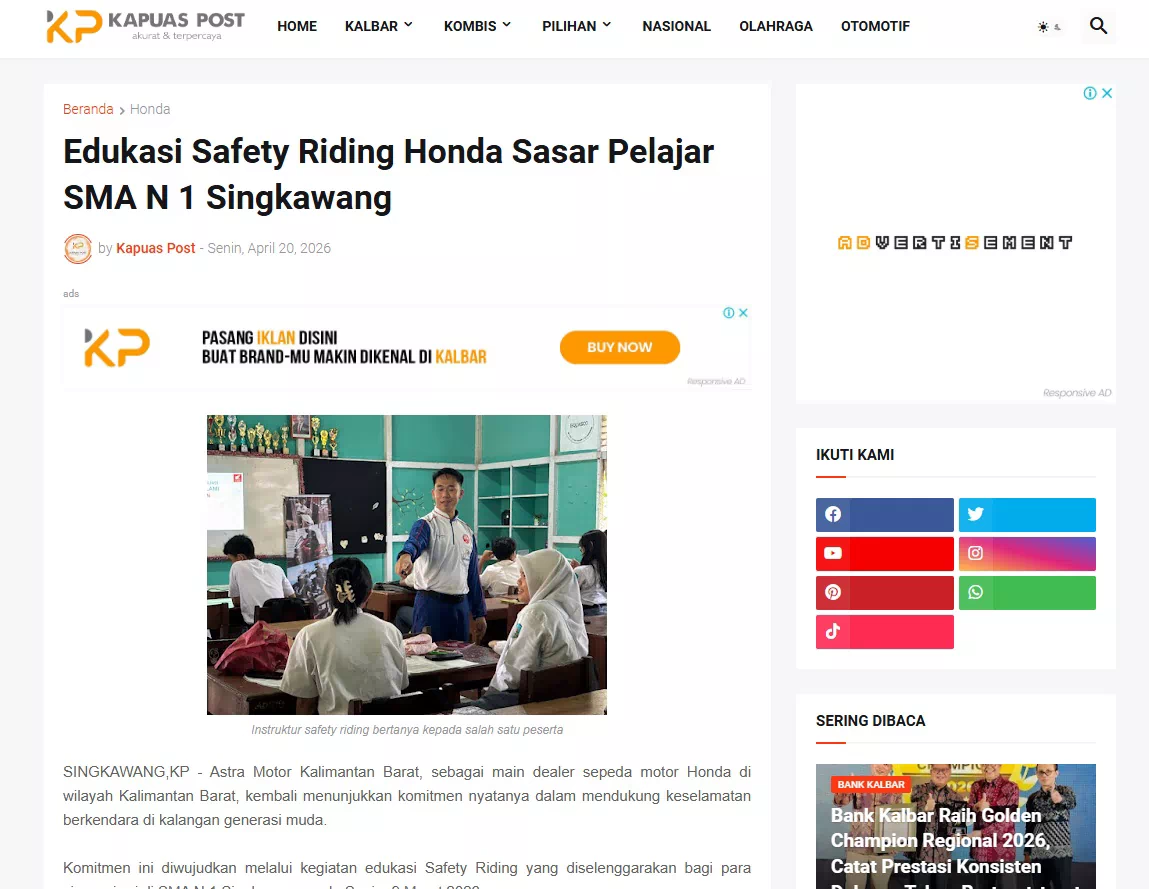 Edukasi Safety Riding Honda Sasar Pelajar SMA N 1 Singkawang