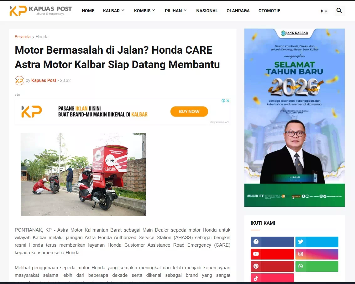 Motor Bermasalah di Jalan? Honda CARE Astra Motor Kalbar Siap Datang Membantu
