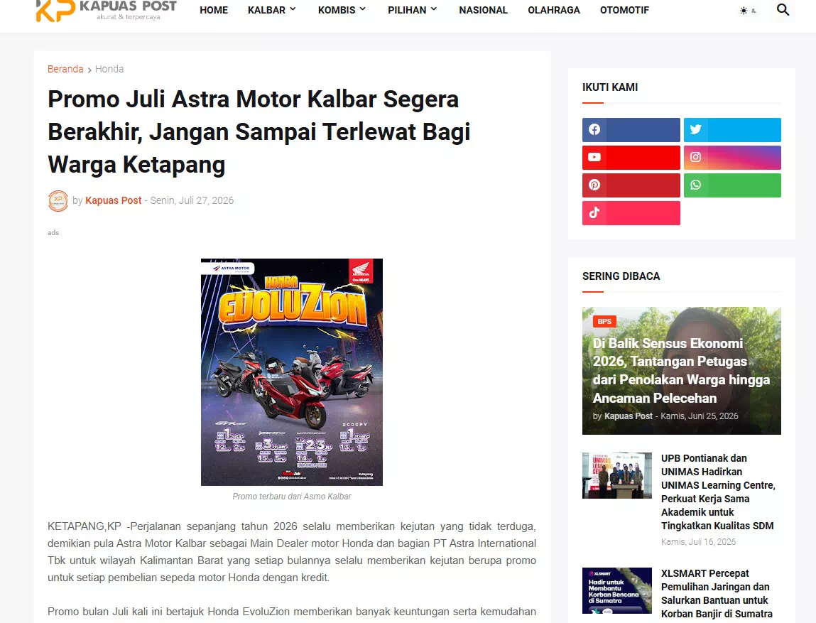 Promo Juli Astra Motor Kalbar Segera Berakhir, Jangan Sampai Terlewat Bagi Warga Ketapang