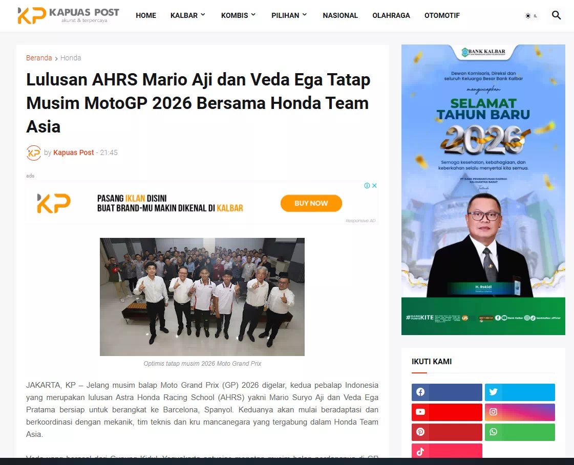 Lulusan AHRS Mario Aji dan Veda Ega Tatap Musim MotoGP 2026 Bersama Honda Team Asia