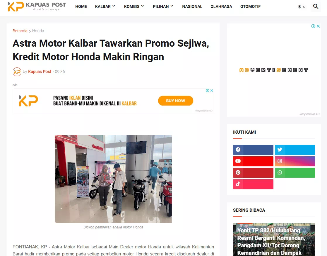 Astra Motor Kalbar Tawarkan Promo Sejiwa, Kredit Motor Honda Makin Ringan