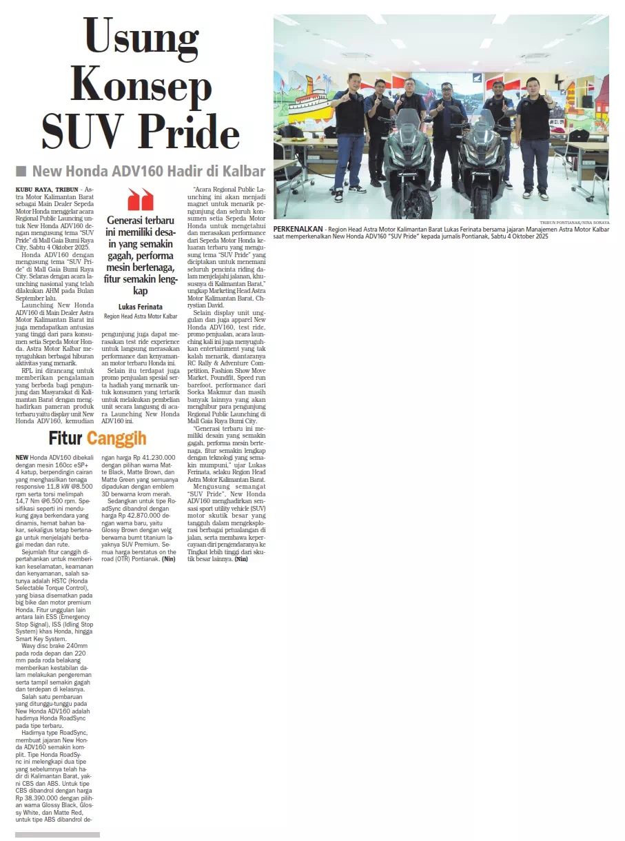 Usung Konsep SUV Pride - New Honda ADV160 Hadir di Kalbar