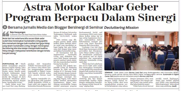 Astra Motor Kalbar Geber Program Berpacu Dalam Sinergi, Bersama Jurnalis Media dan Blogger Bersinergi di Seminar Decluttering Mission