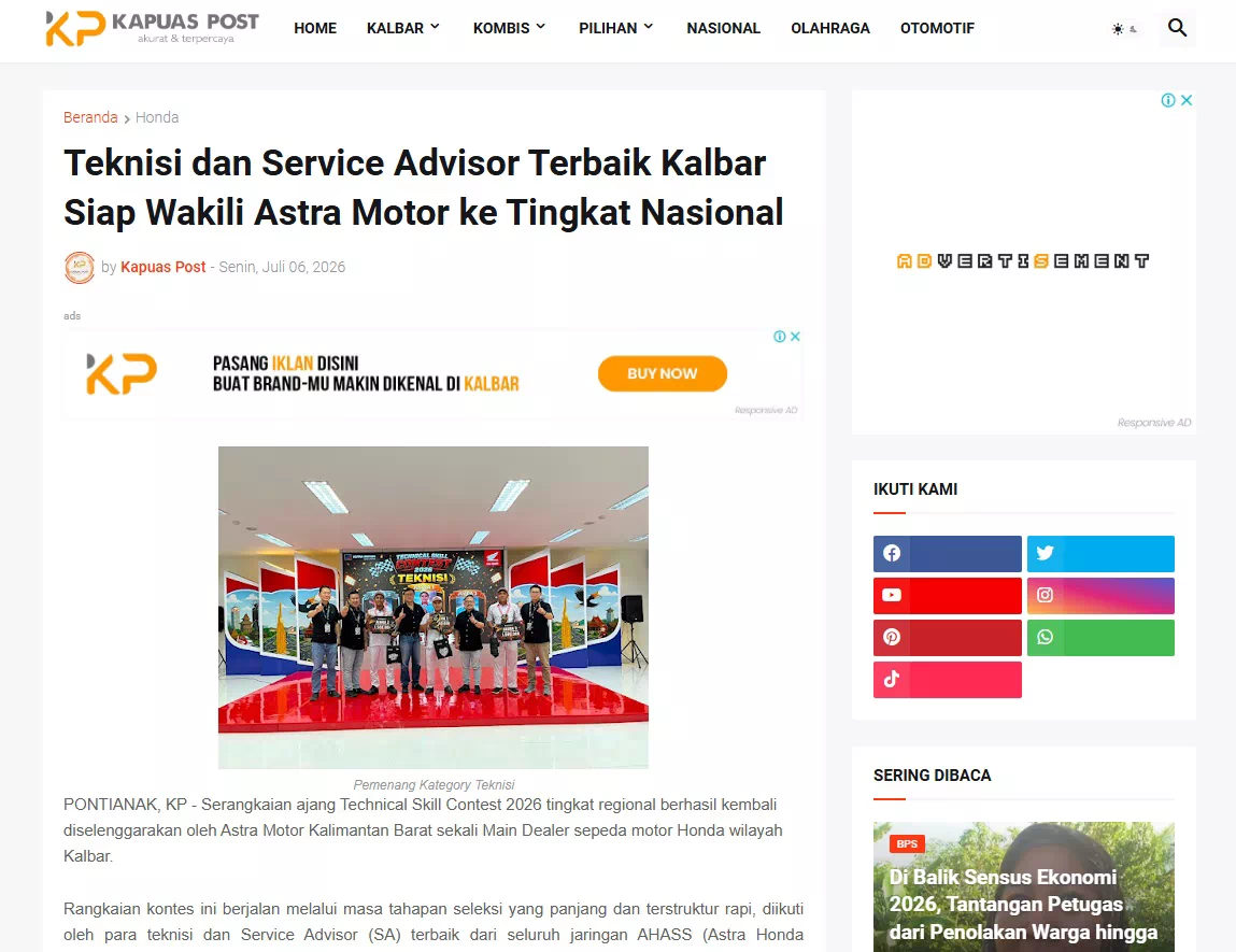 Teknisi dan Service Advisor Terbaik Kalbar Siap Wakili Astra Motor ke Tingkat Nasional