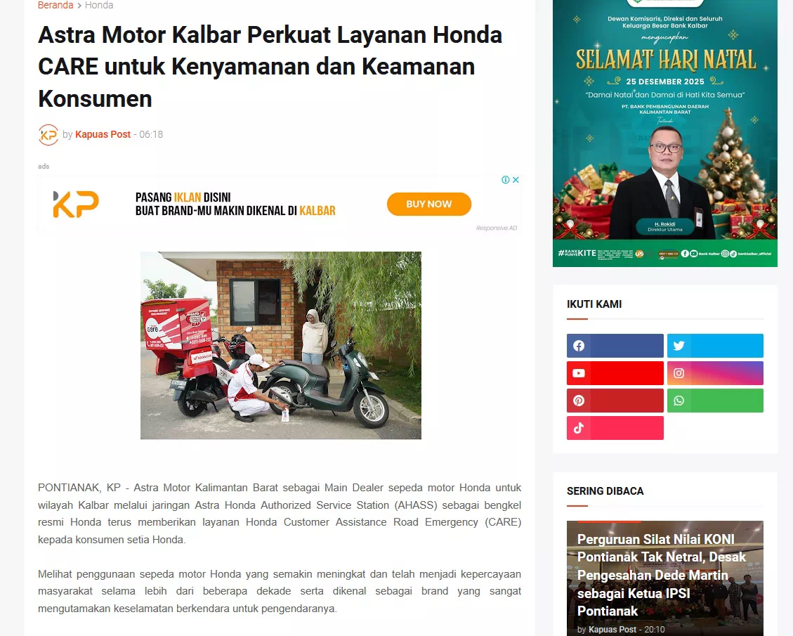Astra Motor Kalbar Perkuat Layanan Honda CARE untuk Kenyamanan dan Keamanan Konsumen