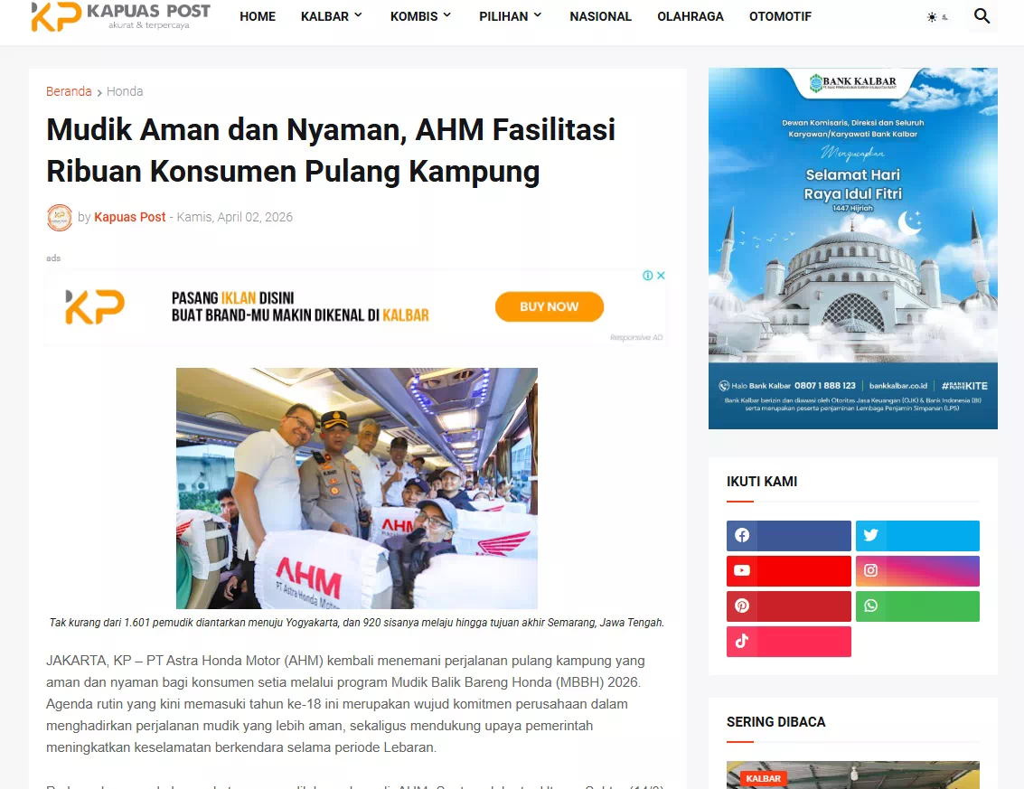 Mudik Aman dan Nyaman, AHM Fasilitasi Ribuan Konsumen Pulang Kampung
