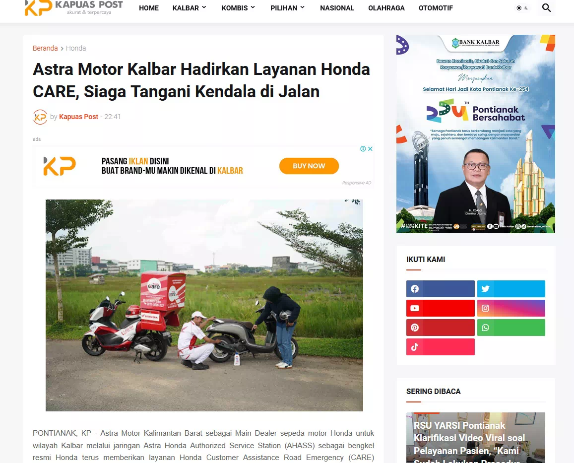 Astra Motor Kalbar Hadirkan Layanan Honda CARE, Siaga Tangani Kendala di Jalan