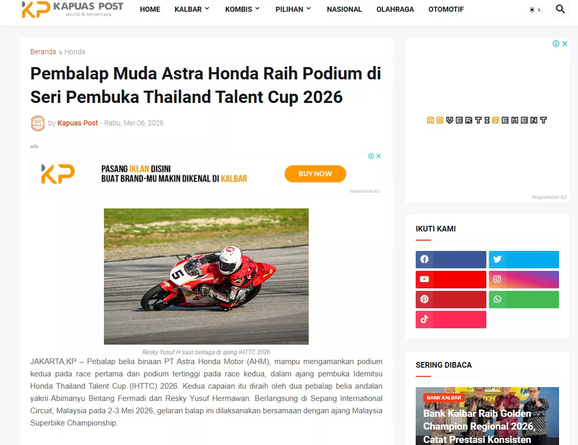 Pembalap Muda Astra Honda Raih Podium di Seri Pembuka Thailand Talent Cup 2026