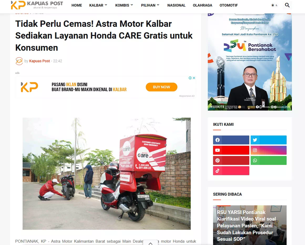 Tidak Perlu Cemas! Astra Motor Kalbar Sediakan Layanan Honda CARE Gratis untuk Konsumen