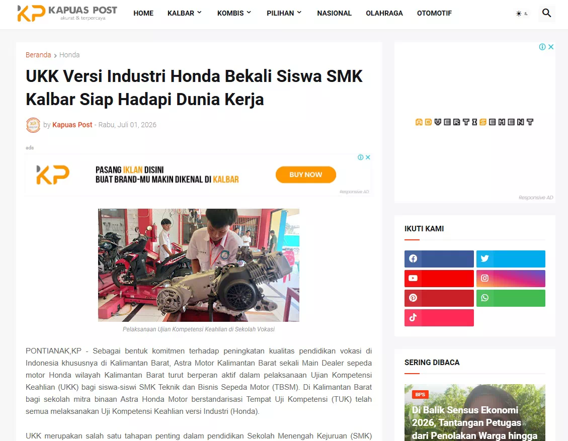 UKK Versi Industri Honda Bekali Siswa SMK Kalbar Siap Hadapi Dunia Kerja