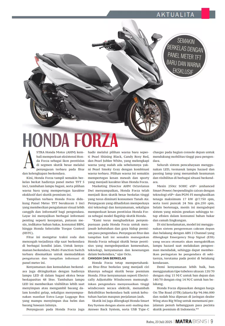 SEMAKIN  BERKELAS DENGAN PANEL METER TFT BARU DAN WARNA EKSKLUSIF HONDA FORZA