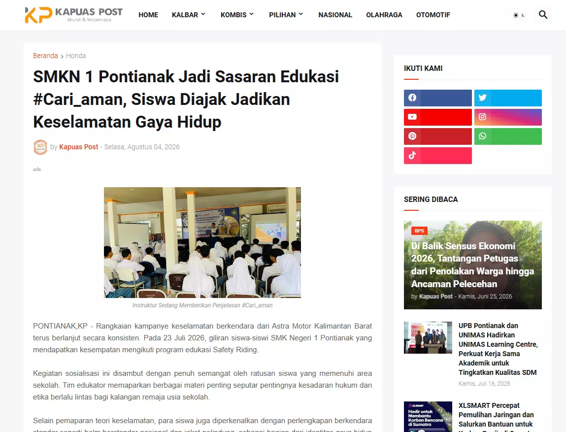 SMKN 1 Pontianak Jadi Sasaran Edukasi #Cari_aman, Siswa Diajak Jadikan Keselamatan Gaya Hidup
