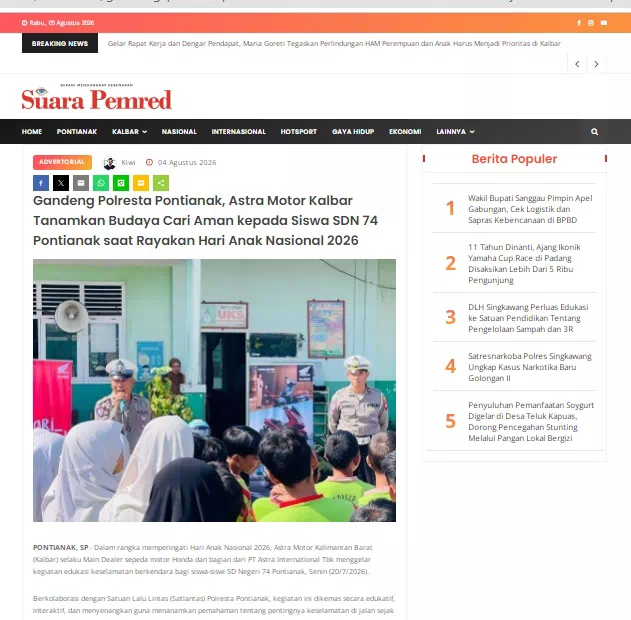 Gandeng Polresta Pontianak, Astra Motor Kalbar Tanamkan Budaya Cari Aman kepada Siswa SDN 74 Pontianak saat Rayakan Hari Anak Nasional 2026