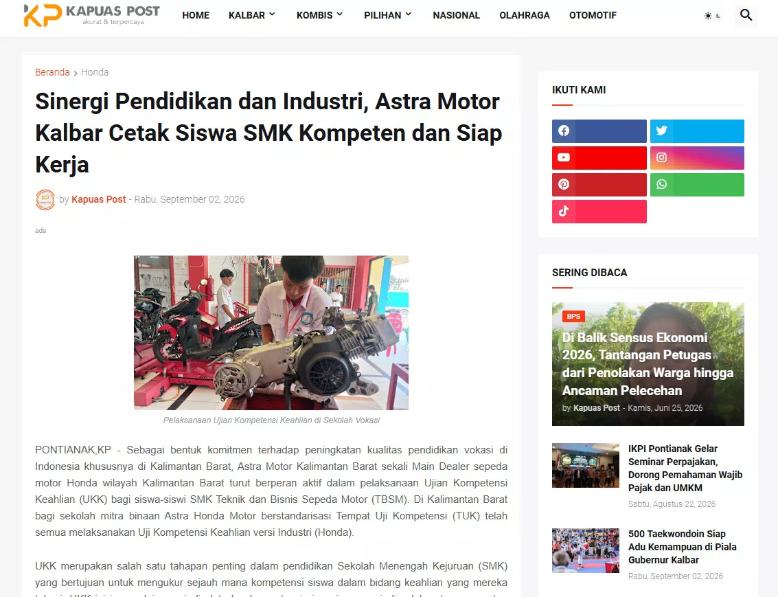 Sinergi Pendidikan dan Industri, Astra Motor Kalbar Cetak Siswa SMK Kompeten dan Siap Kerja