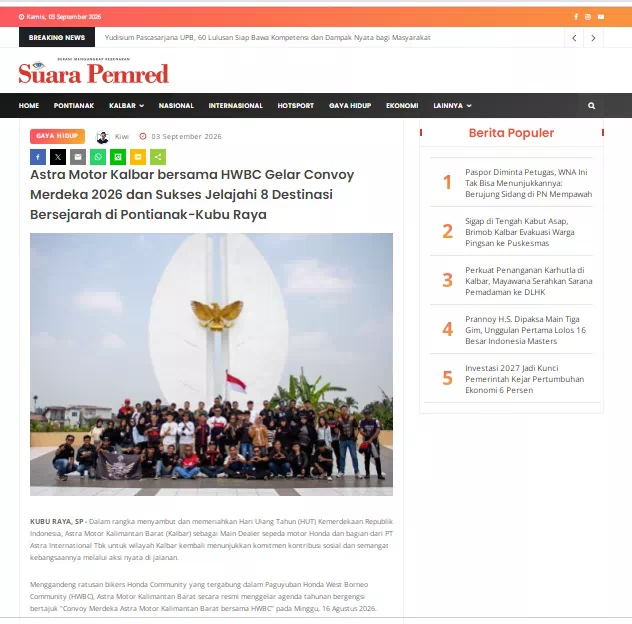 Astra Motor Kalbar bersama HWBC Gelar Convoy Merdeka 2026 dan Sukses Jelajahi 8 Destinasi Bersejarah di Pontianak-Kubu Raya
