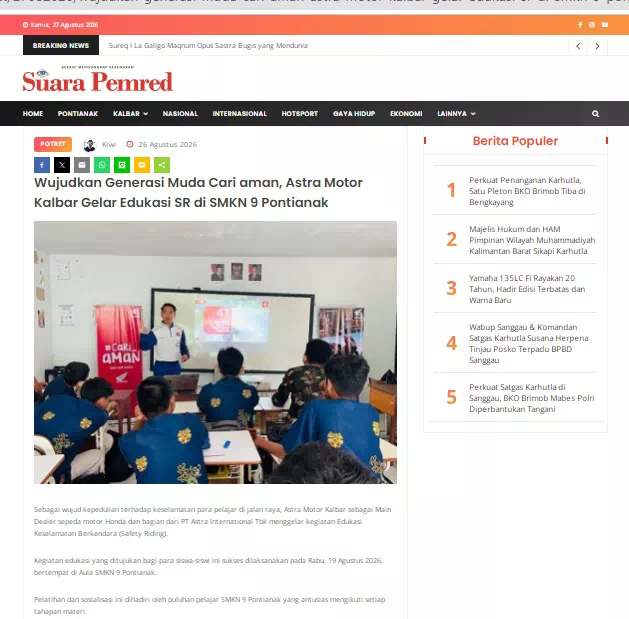 Wujudkan Generasi Muda Cari aman, Astra Motor Kalbar Gelar Edukasi SR di SMKN 9 Pontianak
