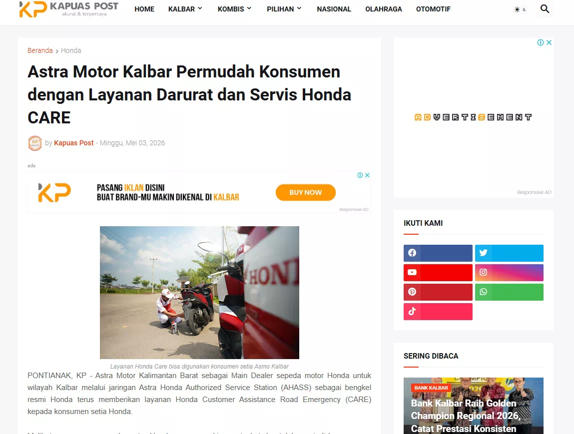 Astra Motor Kalbar Permudah Konsumen dengan Layanan Darurat dan Servis Honda CARE