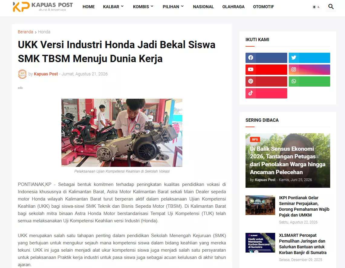UKK Versi Industri Honda Jadi Bekal Siswa SMK TBSM Menuju Dunia Kerja