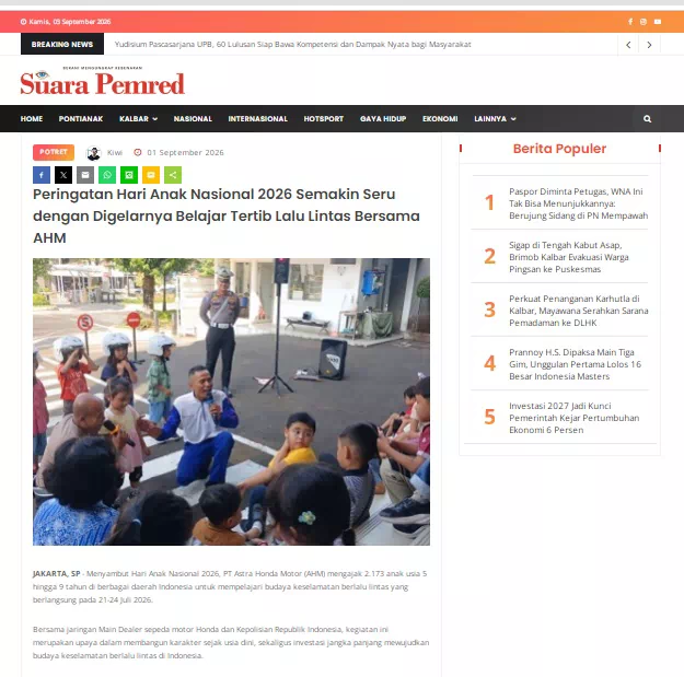 Peringatan Hari Anak Nasional 2026 Semakin Seru dengan Digelarnya Belajar Tertib Lalu Lintas Bersama AHM