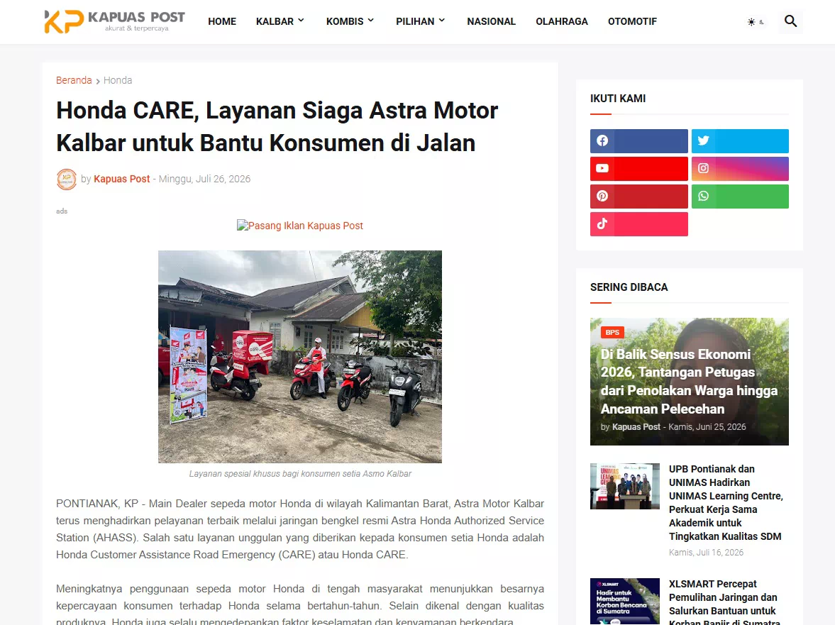 Honda CARE, Layanan Siaga Astra Motor Kalbar untuk Bantu Konsumen di Jalan