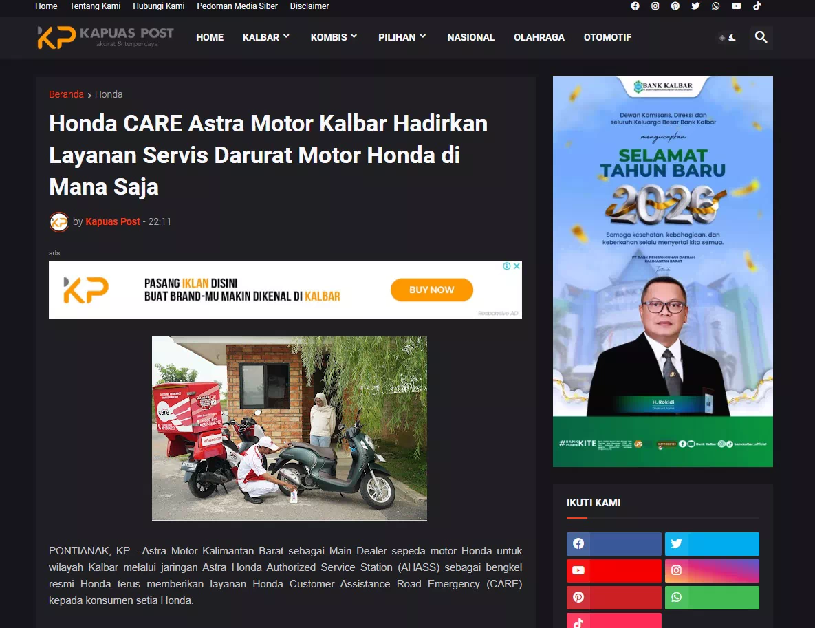 Honda CARE Astra Motor Kalbar Hadirkan Layanan Servis Darurat Motor Honda di Mana Saja