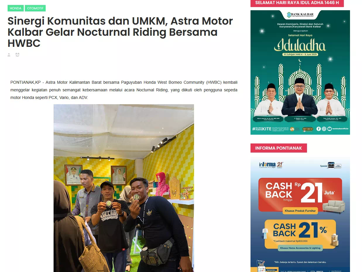 Sinergi Komunitas dan UMKM, Astra Motor Kalbar Gelar Nocturnal Riding Bersama HWBC