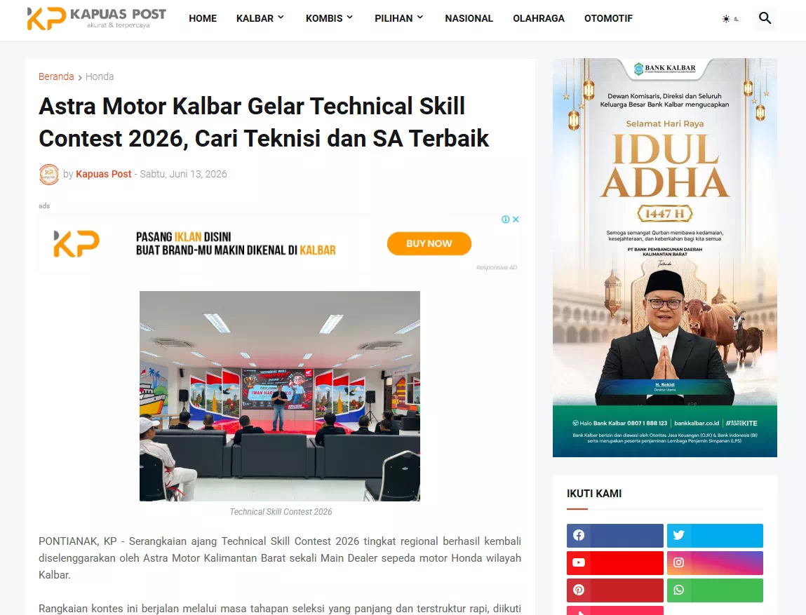 Astra Motor Kalbar Gelar Technical Skill Contest 2026, Cari Teknisi dan SA Terbaik
