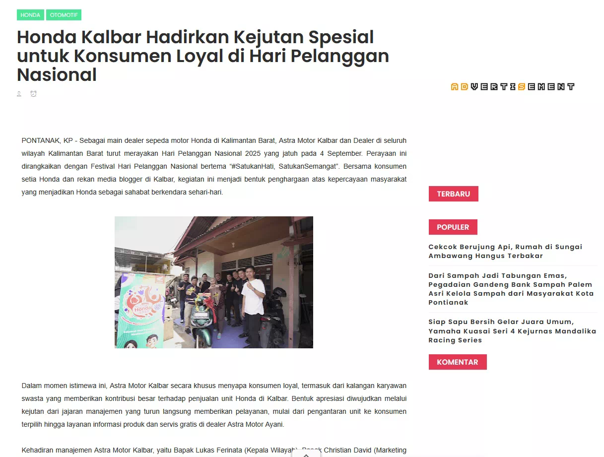 Honda Kalbar Hadirkan Kejutan Spesial untuk Konsumen Loyal di Hari Pelanggan Nasional