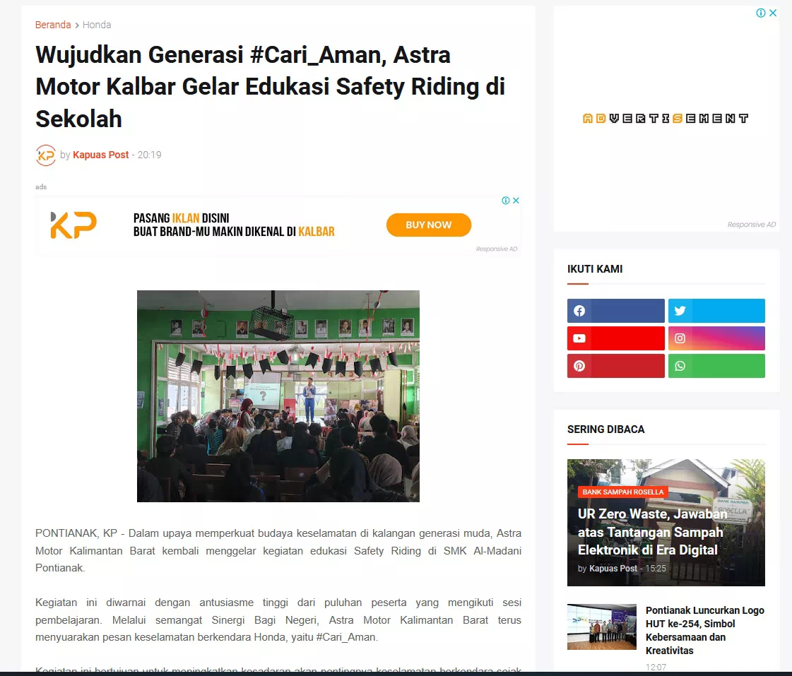 Wujudkan Generasi #Cari_Aman, Astra Motor Kalbar Gelar Edukasi Safety Riding di Sekolah