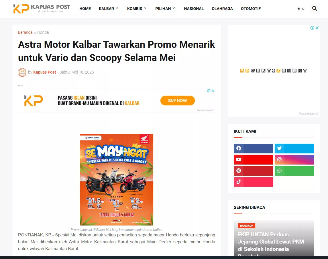 Astra Motor Kalbar Tawarkan Promo Menarik untuk Vario dan Scoopy Selama Mei