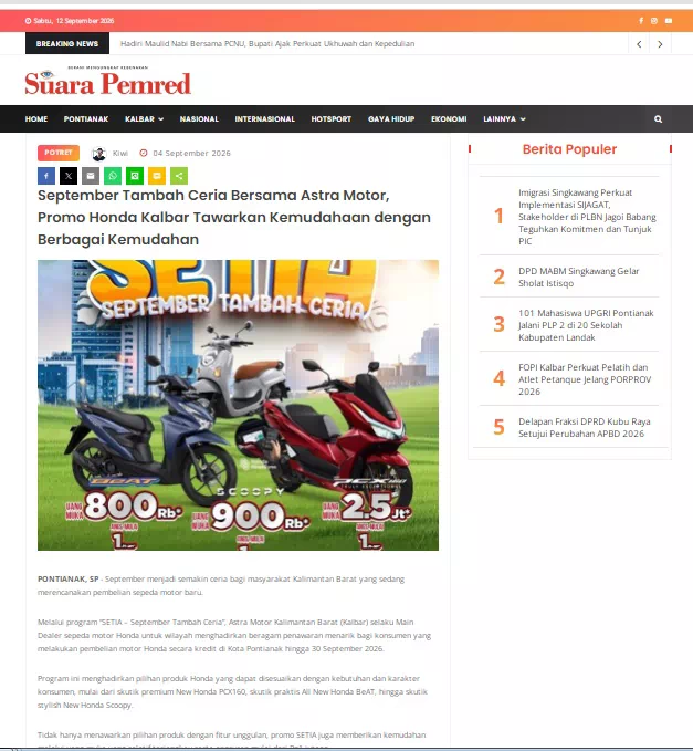 September Tambah Ceria Bersama Astra Motor, Promo Honda Kalbar Tawarkan Kemudahaan dengan Berbagai Kemudahan