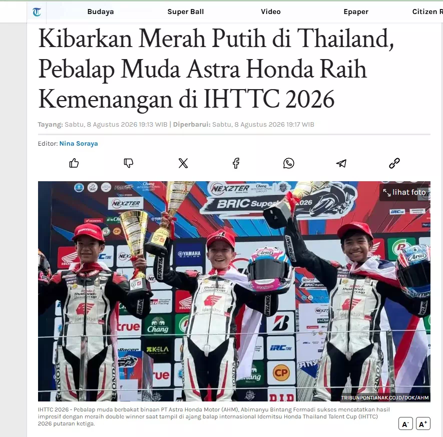 Kibarkan Merah Putih di Thailand, Pebalap Muda Astra Honda Raih Kemenangan di IHTTC 2026