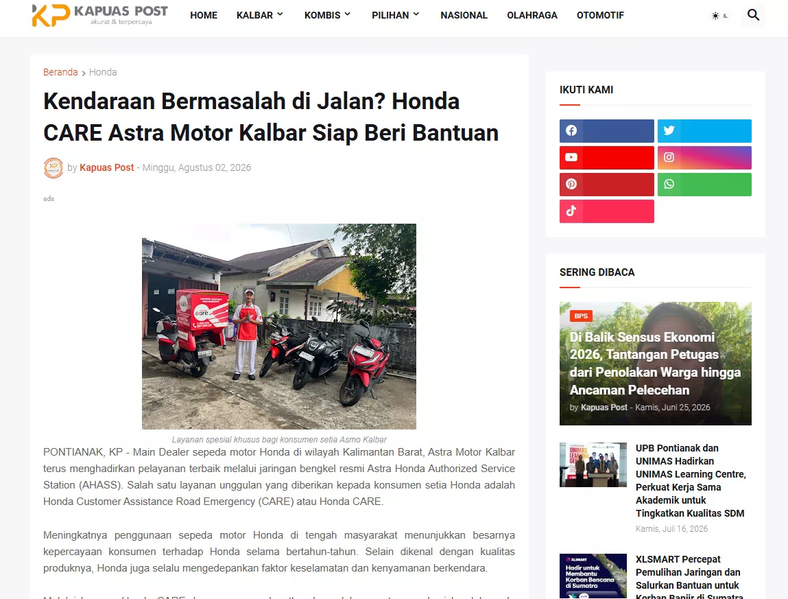 Kendaraan Bermasalah di Jalan? Honda CARE Astra Motor Kalbar Siap Beri Bantuan