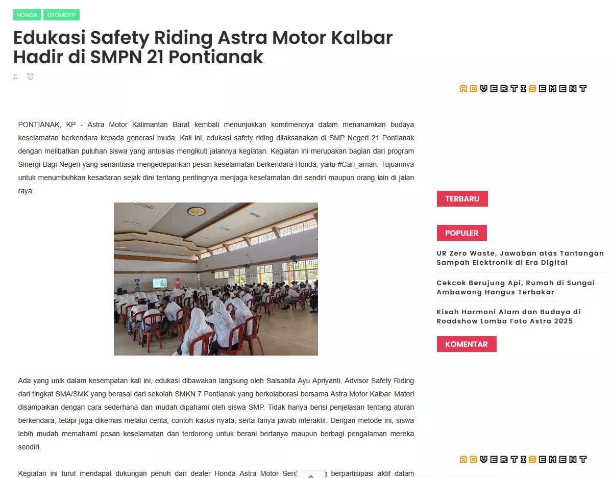 Edukasi Safety Riding Astra Motor Kalbar Hadir di SMPN 21 Pontianak