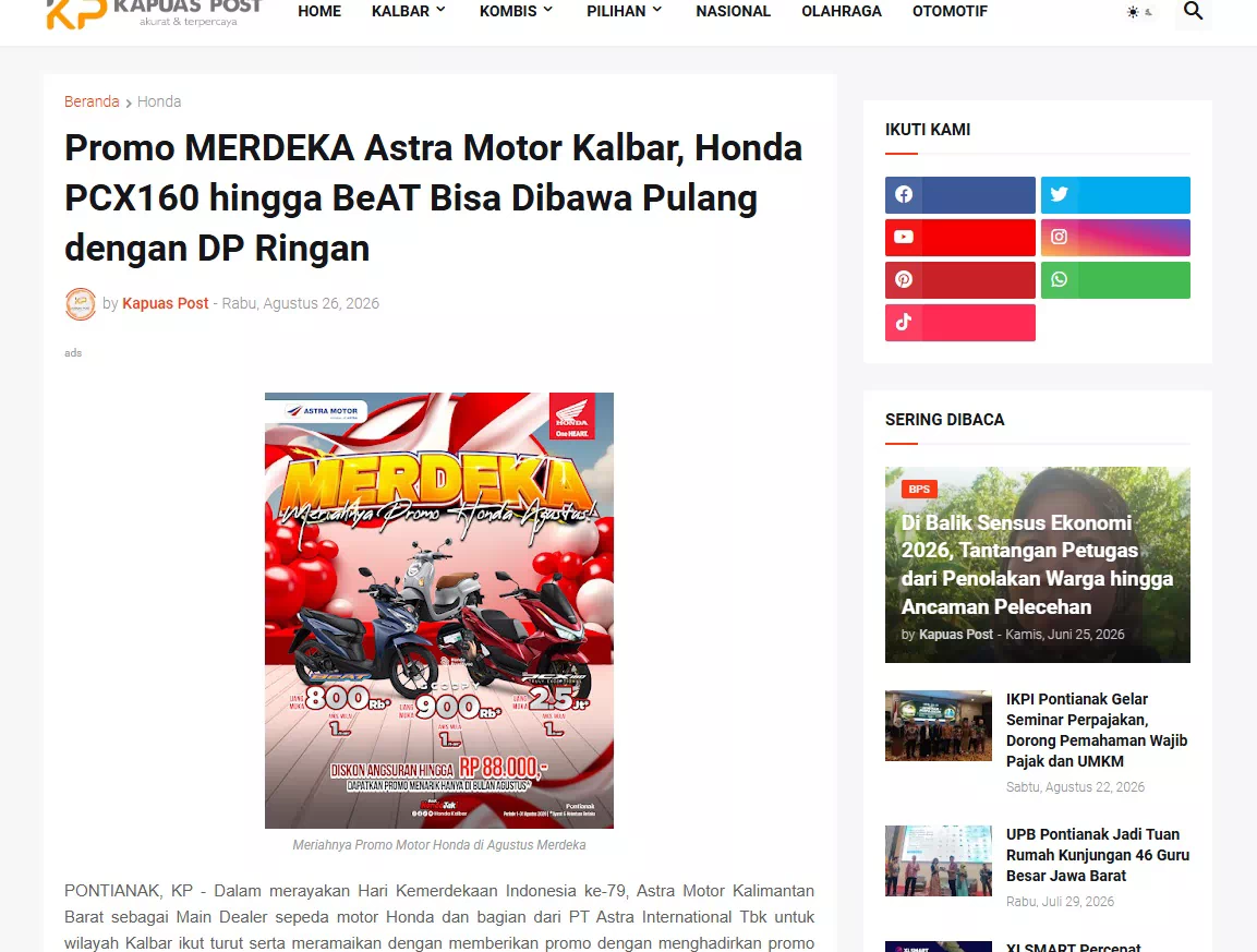 Promo MERDEKA Astra Motor Kalbar, Honda PCX160 hingga BeAT Bisa Dibawa Pulang dengan DP Ringan