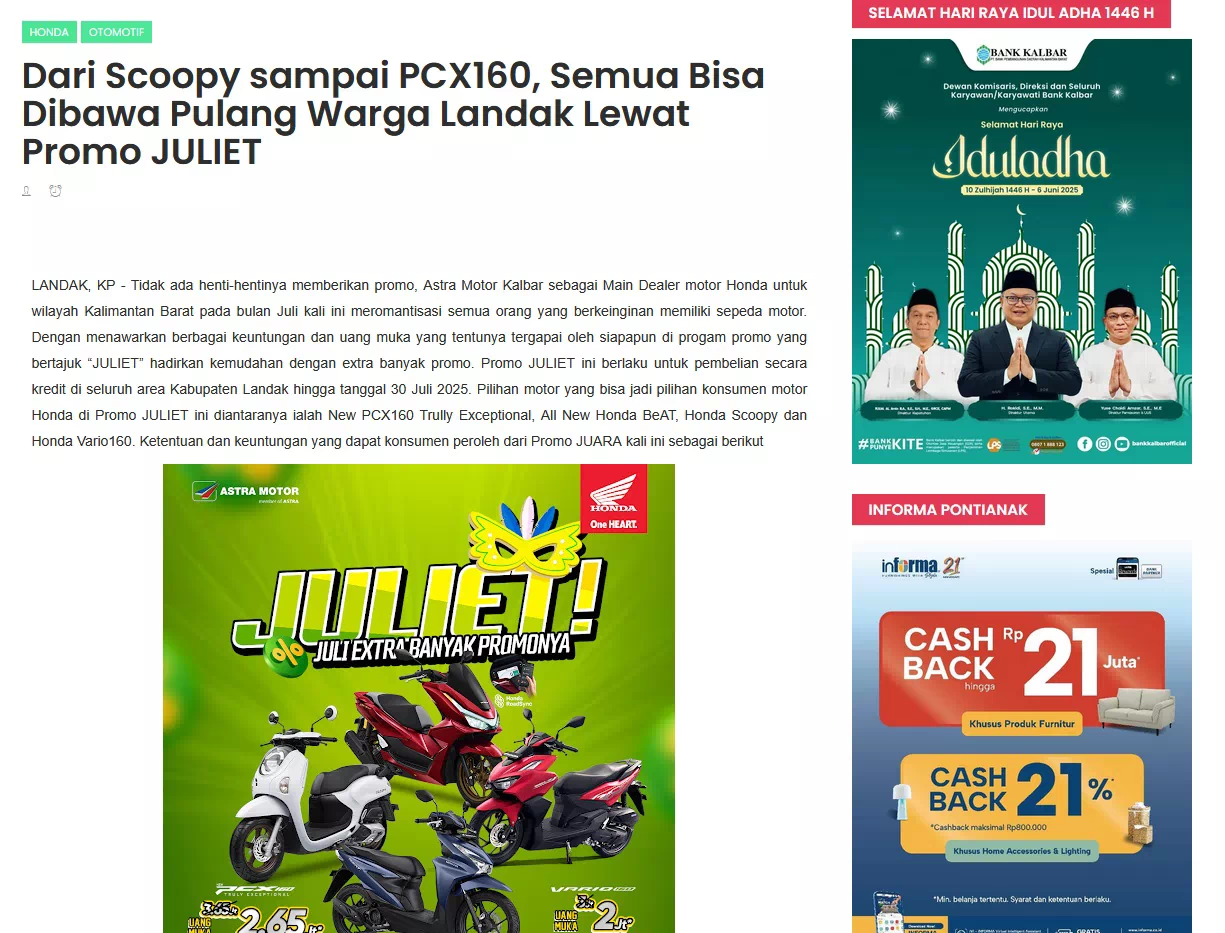 Dari Scoopy sampai PCX160, Semua Bisa Dibawa Pulang Warga Landak Lewat Promo JULIET