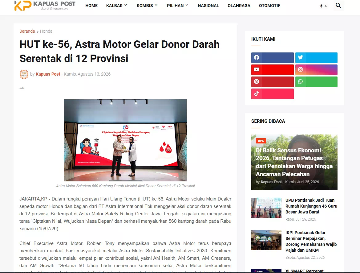HUT ke-56, Astra Motor Gelar Donor Darah Serentak di 12 Provinsi