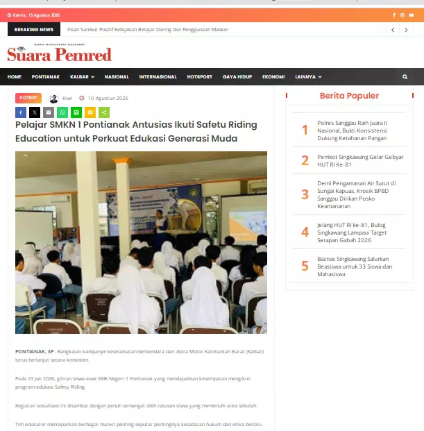 Pelajar SMKN 1 Pontianak Antusias Ikuti Safetu Riding Education untuk Perkuat Edukasi Generasi Muda