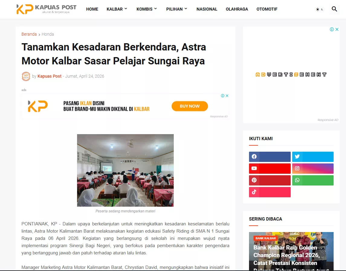Tanamkan Kesadaran Berkendara, Astra Motor Kalbar Sasar Pelajar Sungai Raya