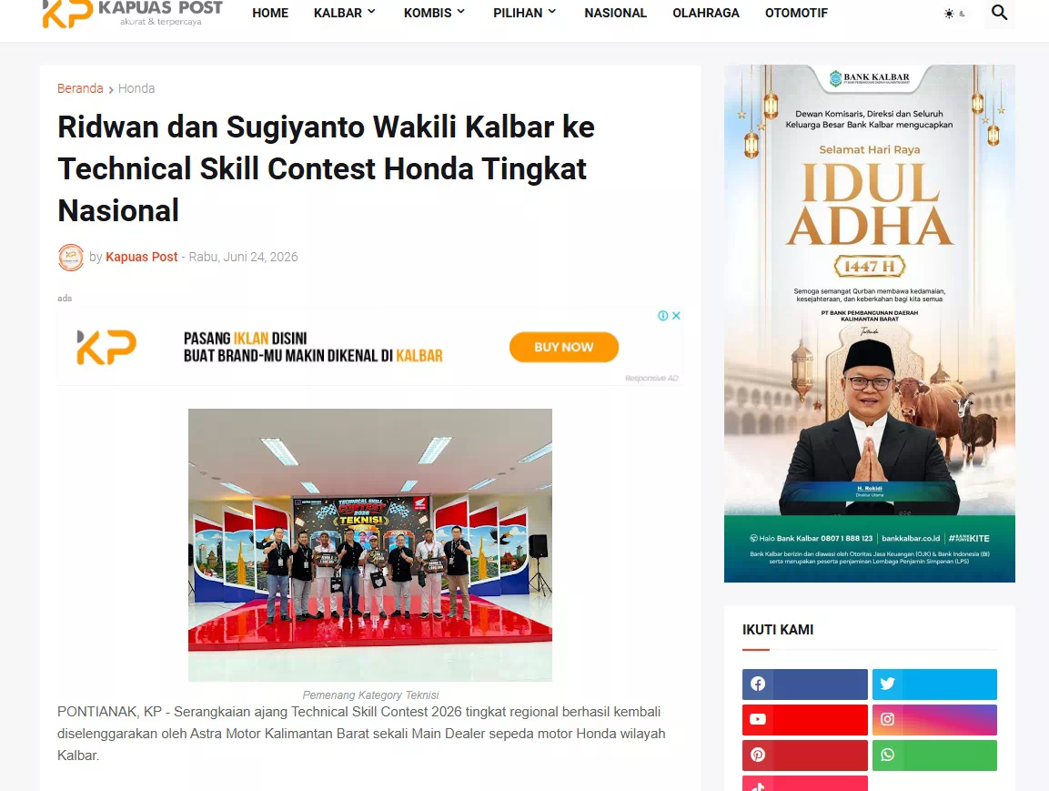 Ridwan dan Sugiyanto Wakili Kalbar ke Technical Skill Contest Honda Tingkat Nasional