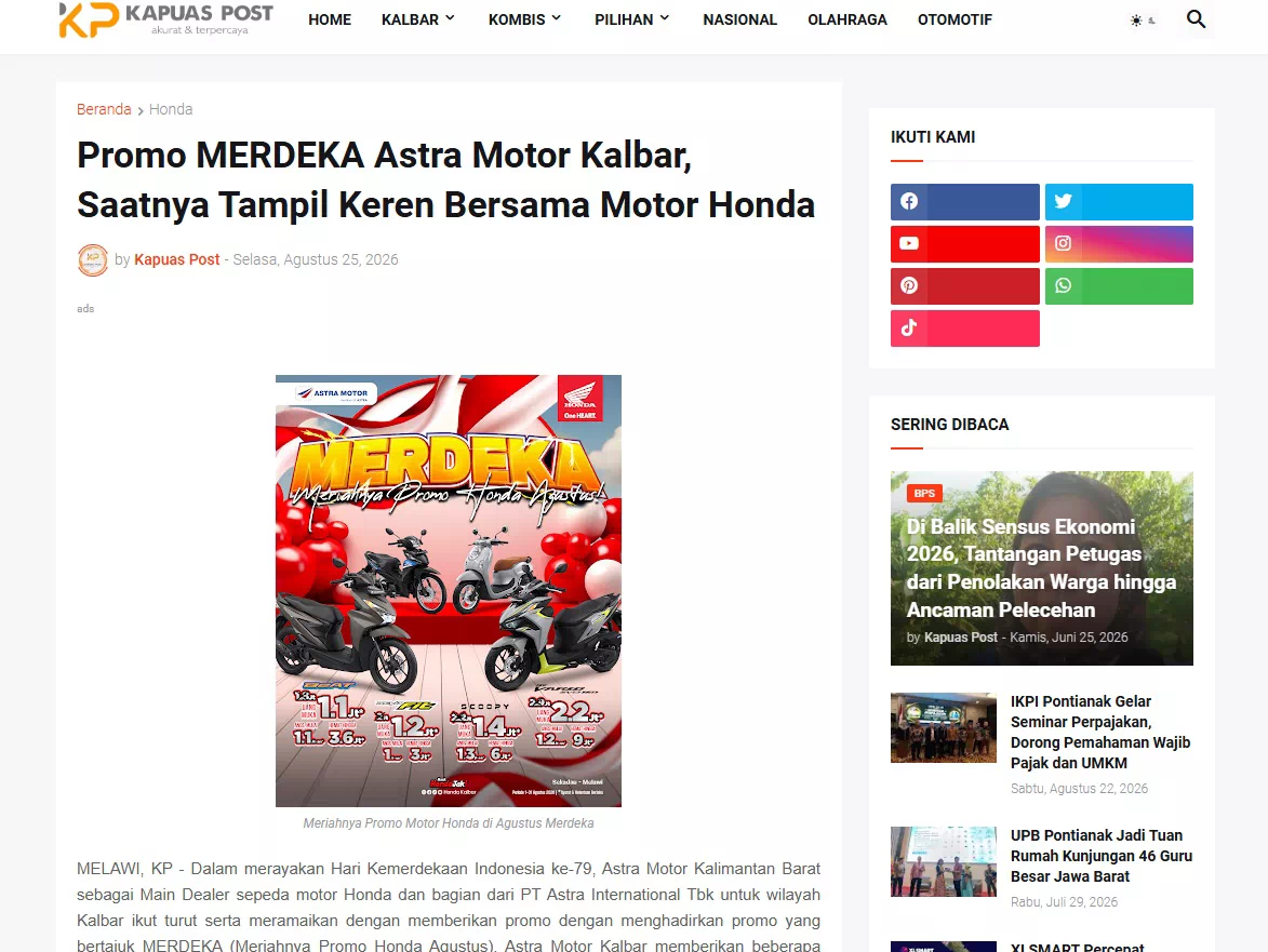 Promo MERDEKA Astra Motor Kalbar, Saatnya Tampil Keren Bersama Motor Honda