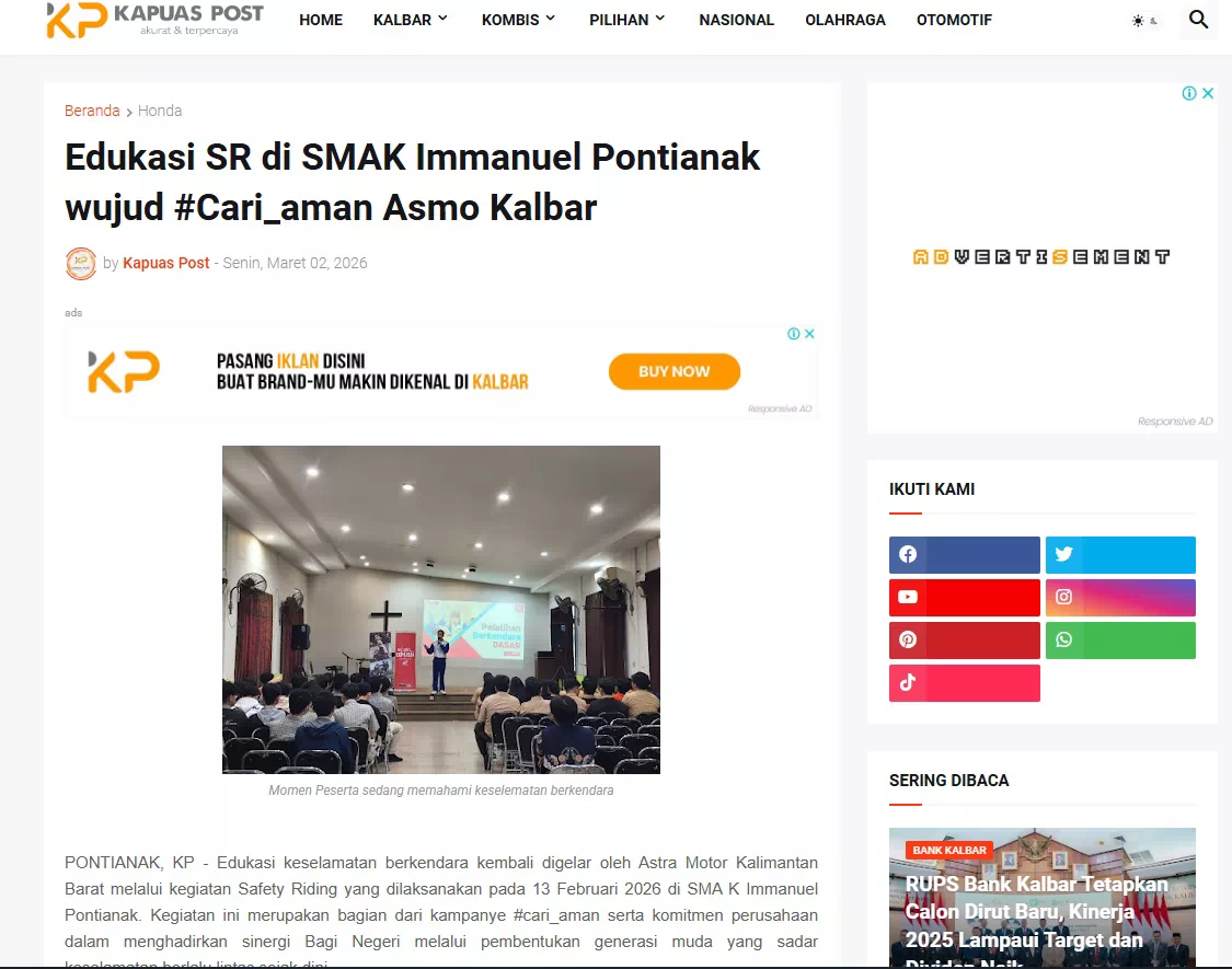 Edukasi SR di SMAK Immanuel Pontianak wujud #Cari_aman Asmo Kalbar