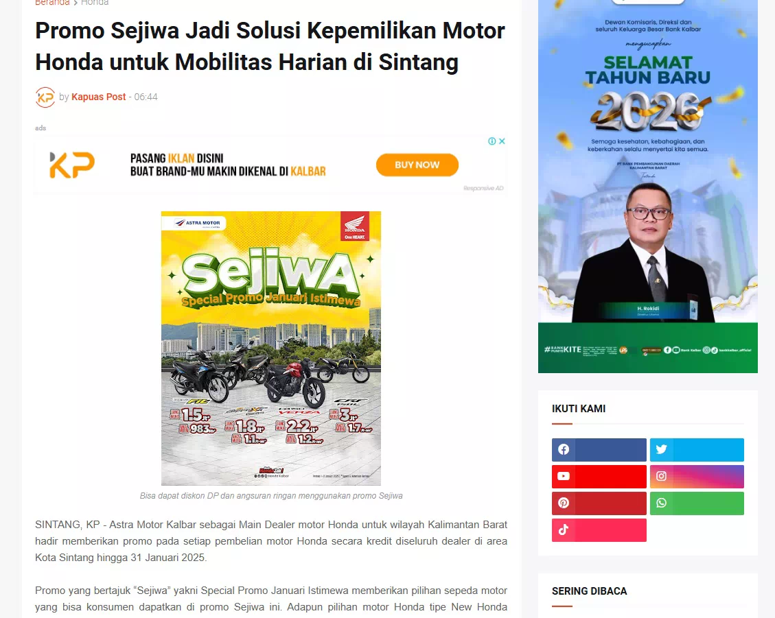 Promo Sejiwa Jadi Solusi Kepemilikan Motor Honda untuk Mobilitas Harian di Sintang