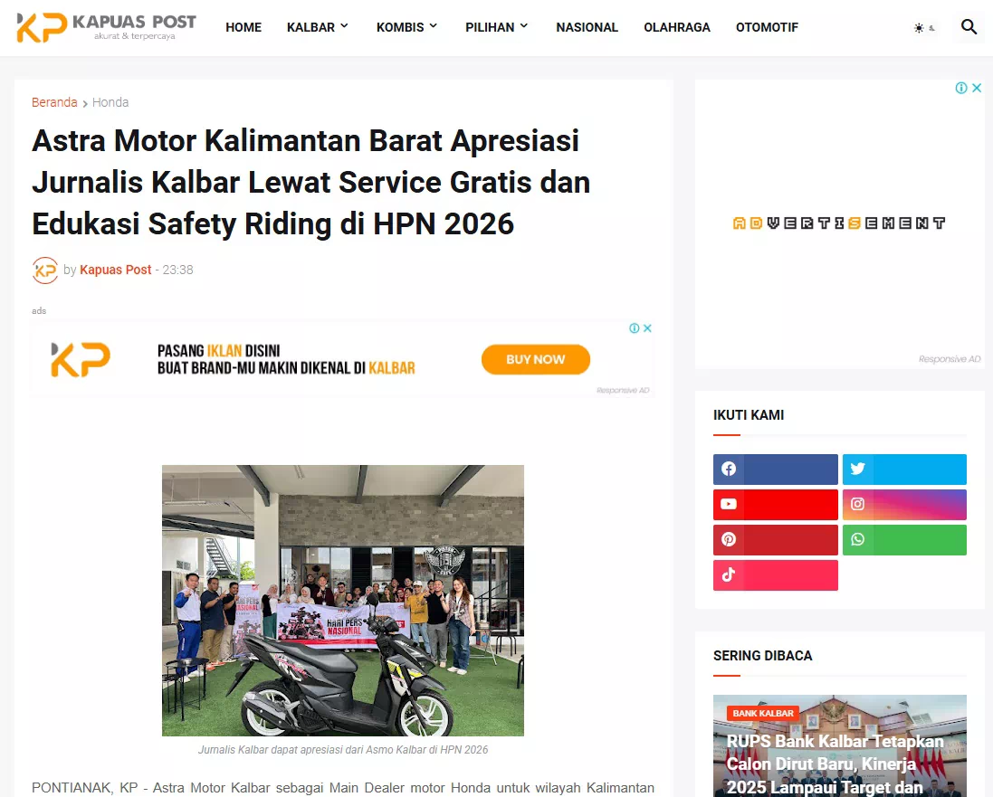 Astra Motor Kalimantan Barat Apresiasi Jurnalis Kalbar Lewat Service Gratis dan Edukasi Safety Riding di HPN 2026