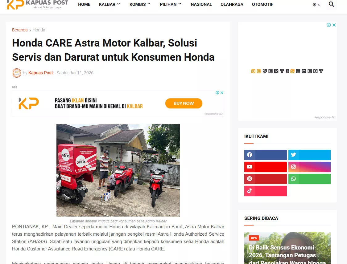 Honda CARE Astra Motor Kalbar, Solusi Servis dan Darurat untuk Konsumen Honda