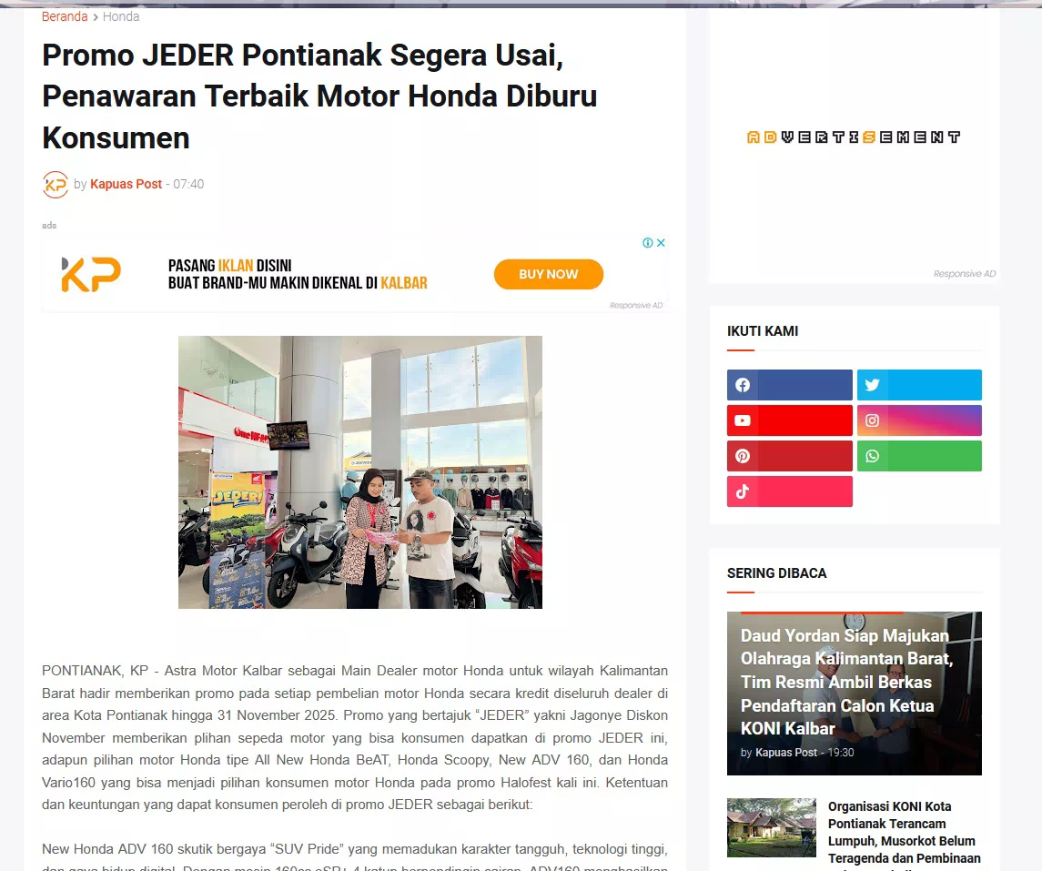Promo JEDER Pontianak Segera Usai, Penawaran Terbaik Motor Honda Diburu Konsumen