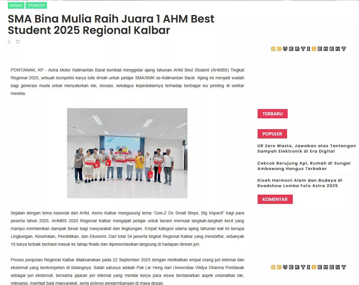 SMA Bina Mulia Raih Juara 1 AHM Best Student 2025 Regional Kalbar